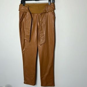 REWASH Faux leather pants with belted waist, camel color, size small